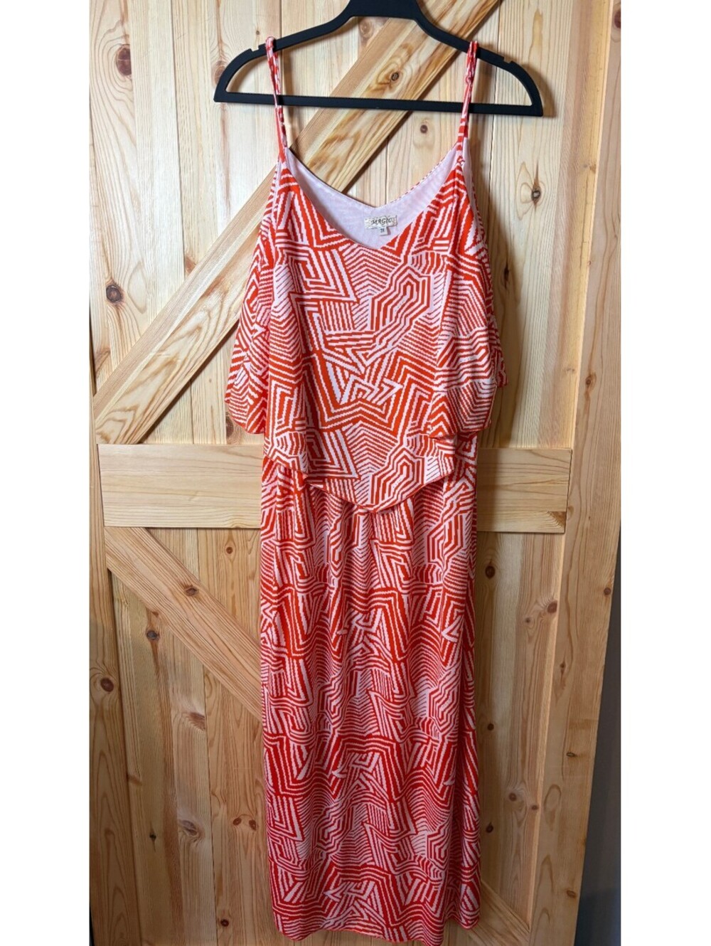 Magic 2X Orange and White Geometric Pattern Maxi Dress with Spaghetti Straps